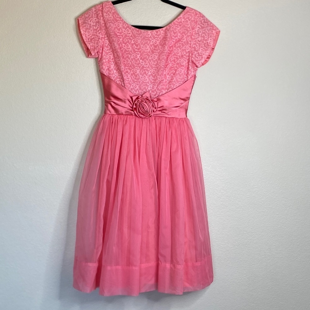 Vintage 50’s-60’s Formal Prom Dress Pink Lace Satin Cap Sleeve